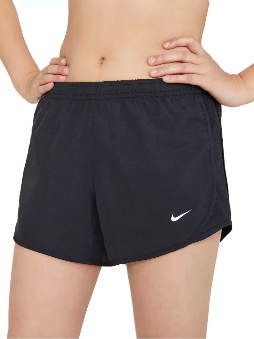 Nike Girls Black Athletic Running Shorts with White Swoosh
